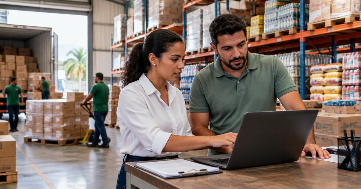 Profissionais da operação comercial conferem registros de clientes em uma área de expedição de distribuidora.