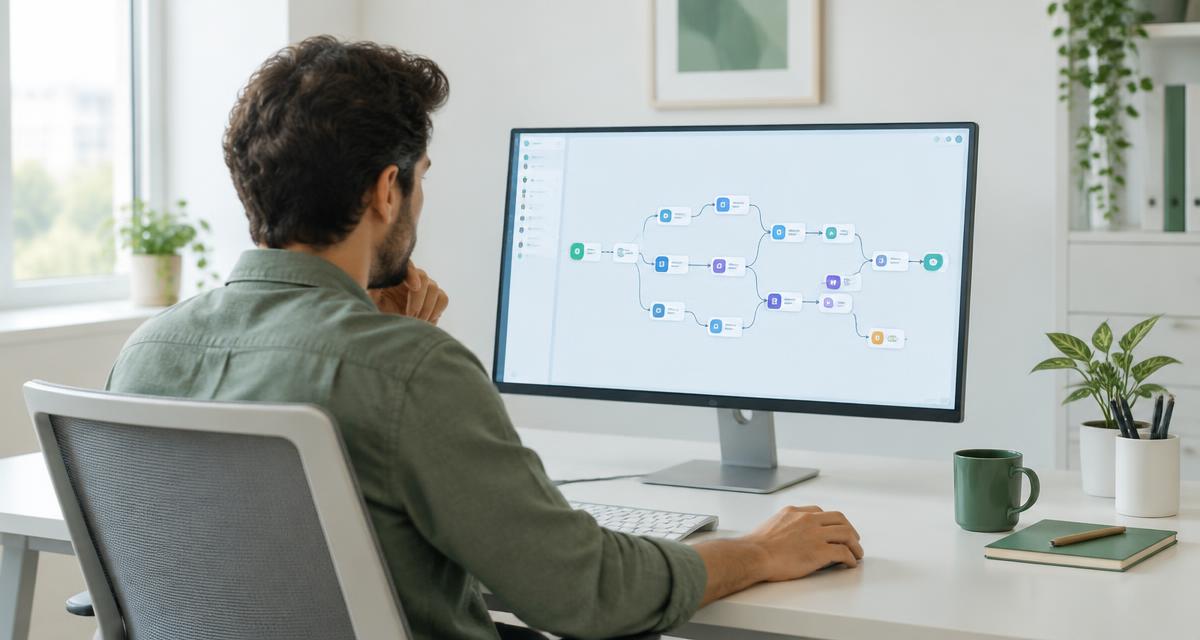 Profissional analisando um fluxo de automação com nós conectados no monitor